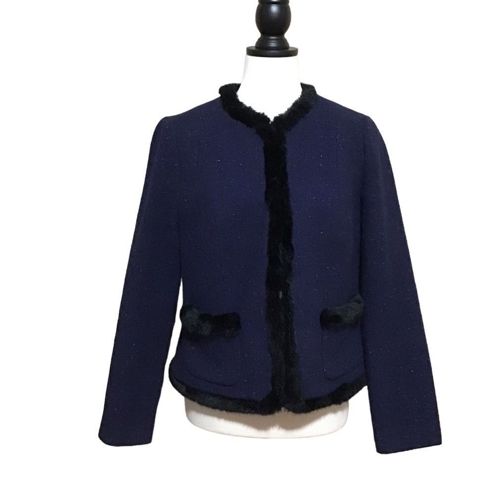Talbots Navy Tweed Wool Blend Faux Fur Blazer 6